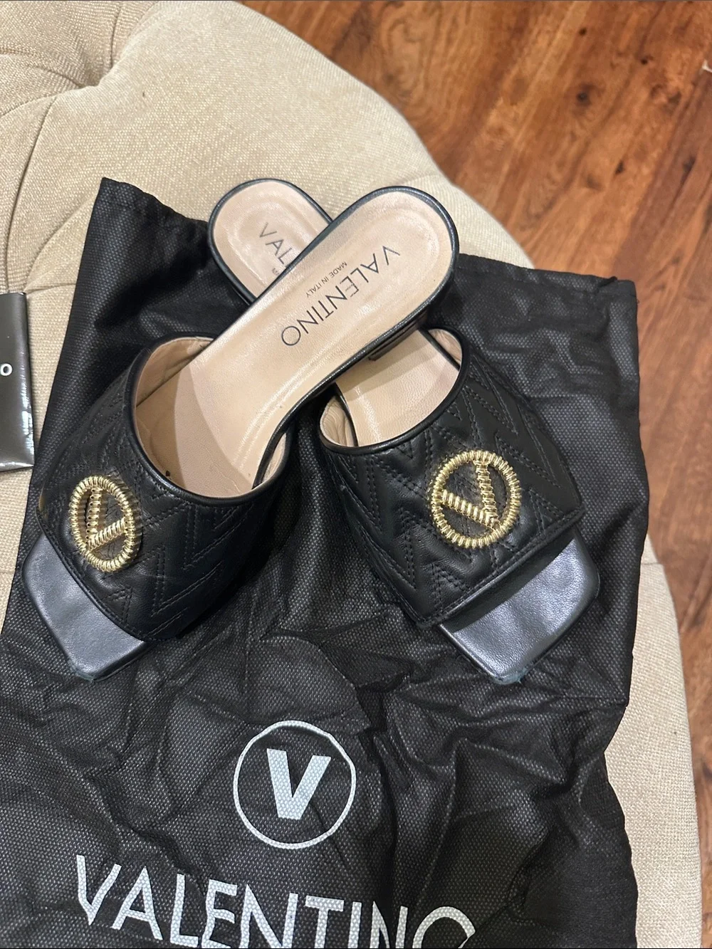 Valentino Afrodite Black Quilted Leather Slides with Gold Logo Accent - Picture 1 of 6